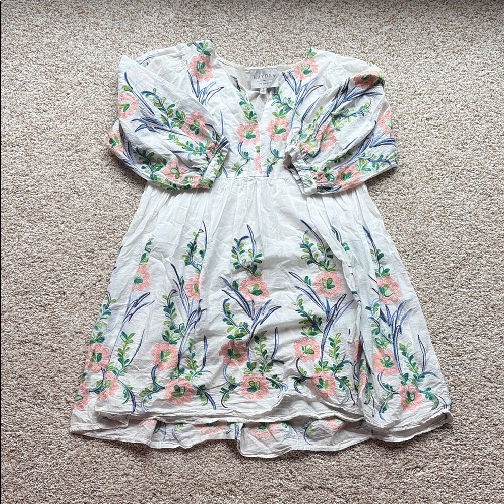 Hayden White Floral Dress with Pink and Green Accents